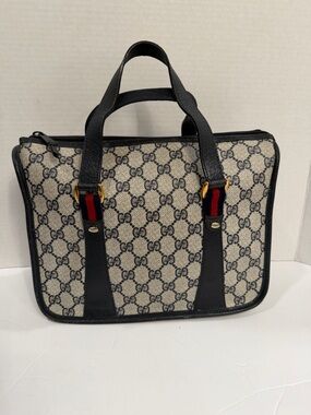 Vintage Gucci Beige GG Supreme Canvas Tote with Blue Trim and Red-Blue Web